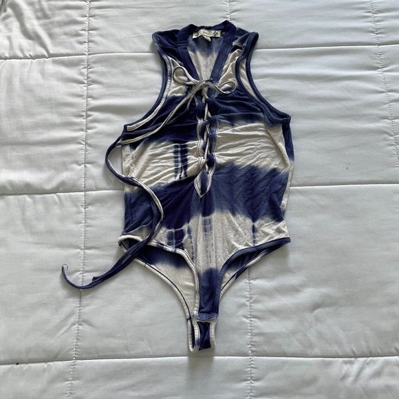 Blue white tie-dye one piece bodysuit - tie front - Picture 1 of 3